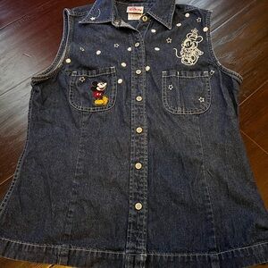 Disney Vintage Denim Sleeveless Vest Mickey Mouse Embroidered Button-Up (Size S)